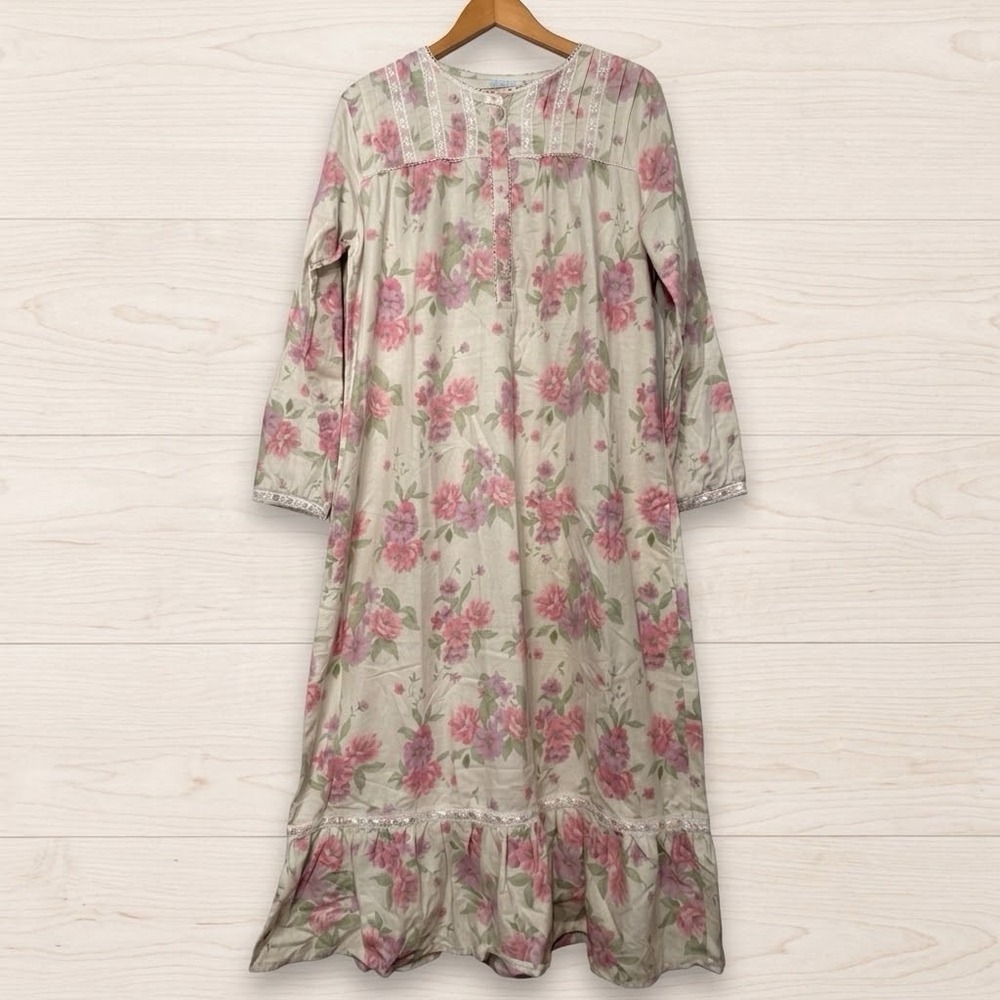 VTG Ashley Taylor Floral Cotton Tiered Nightgown Lace Grandma Cottage Women's M